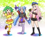  60s 70s \m/ blue_hair boots fujiko_f_fujio_(style) gloves green_hair hat klan_klein macross macross_frontier meltrandi microphone midriff multiple_girls oldschool parody peaked_cap purple_footwear ranka_lee seikan_hikou sheryl_nome style_parody suspenders thighhighs ueyama_michirou zentradi 