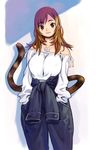  bare_shoulders breasts brown_eyes brown_hair covered_nipples hands_in_pockets highres jewelry large_breasts long_hair long_sleeves looking_at_viewer necklace original pocket ryoji_(nomura_ryouji) solo tail 