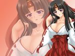  bad_id bad_pixiv_id black_hair blush breasts cleavage headband highres huge_breasts japanese_clothes long_hair miko nagimasa open_mouth purple_eyes queen's_blade solo tomoe zoom_layer 