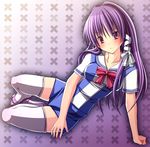  arm_support clannad fujibayashi_kyou hikarizaka_private_high_school_uniform long_hair lying on_side purple_eyes purple_hair sandals school_uniform shin_(applique) solo thighhighs 