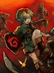  aoki_(fumomo) battle blonde_hair blue_eyes child creature fairy hat holding holding_sword holding_weapon left-handed link navi pointy_ears shield sword the_legend_of_zelda weapon 