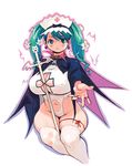  breasts choker cleavage cloak cropped_legs cross cross_earrings earrings flower forehead_jewel green_eyes green_hair hair_flower hair_ornament hands headdress highres jewelry large_breasts mugen_no_fantasia navel outline outstretched_arm over-kneehighs plump ribbon ryoji_(nomura_ryouji) simple_background smile solo staff thigh_ribbon thighhighs torn_clothes twintails white_background white_legwear 