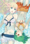  bikini blonde_hair blue_eyes breasts cleavage green_hair macross macross_frontier medium_breasts mhr multiple_girls ranka_lee red_eyes sheryl_nome short_hair striped striped_bikini striped_swimsuit swimsuit 