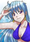  bikini blue_hair blush long_hair purple_eyes smile stewardess swimsuit tenjouin_katsura violet_eyes yat_anshin_uchuu_ryokou 