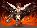  alternate_weapon arm_cannon bad_id bad_pixiv_id bow brown_hair cape emerane eyes green_bow hair_bow long_hair mismatched_footwear red_eyes reiuji_utsuho solo touhou weapon wings 