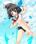  :d anchor bad_id bad_pixiv_id barefoot black_hair blue_eyes blush feet hat kuro_minamo murasa_minamitsu no_pants open_mouth sailor sailor_collar sailor_hat school_swimsuit short_hair smile soles solo swimsuit swimsuit_under_clothes toes touhou 