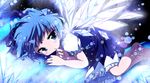  barefoot blue blue_eyes blue_hair blush bow child cirno haiiro_(immature) hair_bow hands lying on_side short_hair solo touhou wings 