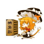  animal_ears blonde_hair blush box cat_ears chibi donation_box hat kemonomimi_mode kirisame_marisa kumakichi simple_background solo tail theft touhou white_background witch_hat 