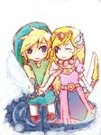  1girl black_eyes blonde_hair bow_(weapon) elbow_gloves gloves hat link long_hair master_sword one_eye_closed pointy_ears princess_zelda smile sword syouka_clover the_legend_of_zelda the_legend_of_zelda:_the_wind_waker toon_zelda weapon 