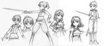 armor bad_id bad_pixiv_id cecily_cambell elbow_gloves gloves greyscale highres monochrome rohitsuka seiken_no_blacksmith sketch sword traditional_media weapon 