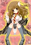  absurdres animal_ears bell blush brown_eyes brown_hair cameltoe cat_ears dress_shirt harry_potter hermione_granger highres jingle_bell kneehighs long_hair mary_janes necktie panties shigunyan shirt shoes sitting smile socks solo unbuttoned underwear 