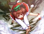  angry animal_ears bad_id bad_pixiv_id brown_eyes brown_hair cat_ears cat_tail chen earrings fang hat jewelry konoe_yuba multiple_tails short_hair solo tail touhou 