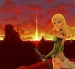  1girl ass blonde_hair celes_chere choker earrings final_fantasy final_fantasy_vi gloves green_eyes highres jewelry leotard long_hair looking_back see-through solo sun sunset sword th_bluerose thigh-highs thighhighs tiara weapon 