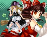  black_hair blonde_hair bow broom broom_riding brown_hair detached_sleeves hakurei_reimu hat kirisame_marisa multiple_girls nori_(infinite_r-evolution) red_eyes short_hair sidesaddle touhou wallpaper witch_hat 