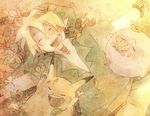  :d blonde_hair gen_1_pokemon hat itou_hachi kirby kirby_(series) link lying open_mouth pikachu pointy_ears pokemon pokemon_(creature) sepia smile super_smash_bros. the_legend_of_zelda 