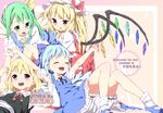  \o/ arms_up bad_id bad_pixiv_id blonde_hair blue_hair bow cirno daiyousei flandre_scarlet green_eyes hair_bow hair_ribbon hat jpeg_artifacts multiple_girls outstretched_arms ponytail red_eyes ribbon rumia short_hair side_ponytail subachi touhou wings 