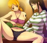  bangle bare_shoulders black_hair bracelet brown_eyes denim denim_shorts dress glasses hairu halter_top halterneck jewelry long_hair multiple_girls nami_(one_piece) navel necklace nico_robin one_piece one_piece:_strong_world orange_hair ponytail shirt short_twintails shorts sitting spread_legs striped striped_shirt sweater sweater_dress tattoo twintails 