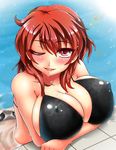  bikini black_bikini blush breast_rest breasts highres horikawa_raiko huge_breasts looking_at_viewer one_eye_closed open_mouth panties partially_submerged red_eyes red_hair short_hair smile solo sparkle sunlight swimsuit touhou underwear upper_body water wet yazuki_gennojou 