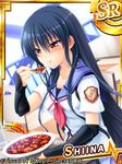  angel_beats! black_hair card_(medium) eating food gauntlets long_hair mapo_doufu red_eyes satomi_yoshitaka scarf school_uniform serafuku shiina_(angel_beats!) shinda_sekai_sensen_uniform solo 