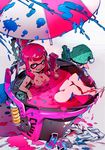  1girl barefoot bathing beach_umbrella blue_eyes blue_hair breasts bucket cleavage domino_mask glasses in_bucket in_container inkling jpeg_artifacts knit_hat legs_up long_hair looking_at_viewer mask medium_breasts nude open_mouth pink_eyes pink_hair pointy_ears shimoguchi_tomohiro slosher_(splatoon) smile splatoon_(series) splatoon_1 splattershot_(splatoon) splattershot_jr_(splatoon) super_soaker tentacle_hair umbrella 