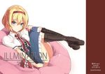  alice_margatroid ass blonde_hair blue_dress blue_eyes blush boots capelet character_name copyright_name cover cover_page cross-laced_footwear dated dress full_body hairband lace-up_boots legs_up looking_at_viewer oyu_(sijimisizimi) ribbon short_hair sitting smile solo touhou 