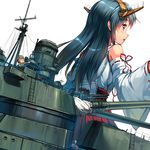  bare_shoulders black_hair brown_eyes cannon detached_sleeves fairy_(kantai_collection) hair_ornament hairband haruna_(kantai_collection) headgear highres hino_katsuhiko japanese_clothes kantai_collection long_hair looking_back mecha_musume military nontraditional_miko ribbon-trimmed_sleeves ribbon_trim solo turret 