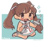  :d brown_hair commentary_request dress fang hair_ribbon kantai_collection libeccio_(kantai_collection) open_mouth paravane ribbon sailor_dress same_anko sleeveless smile solo sparkle twintails twitter_username 