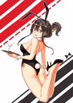  alternate_hairstyle animal_ears ass black_hair brown_eyes bunny_ears bunnysuit detached_collar folded_ponytail from_behind haruna_(kantai_collection) high_heels jumping kantai_collection leotard long_hair looking_back no_socks poco_(backboa) side-tie_leotard tray wrist_cuffs 