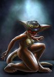  anthro archie_comics bagbar breasts clothing female glowing glowing_eyes hat lizard lizard_bounty_hunter nmac1983 nude red_eyes reptile scalie sitting slit_pupils solo sonic_(series) thong tongue tongue_out 