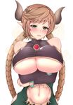  bare_shoulders braid breast_hold breasts brown_hair carmelina_(granblue_fantasy) crossed_arms draph fang granblue_fantasy green_eyes heart heart-shaped_pupils heavy_breathing horns huge_breasts long_hair looking_at_viewer midriff navel open_mouth scissors_hair_ornament shinpo_ko simple_background solo symbol-shaped_pupils twin_braids underboob white_background 