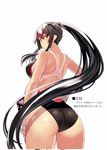  1girl alternate_costume arm_at_side ass bare_shoulders black_hair breasts competition_swimsuit curvy female from_behind gloves hair_between_eyes hand_on_hip highres huge_ass kantai_collection large_breasts light_smile long_hair looking_at_viewer looking_back one-piece_swimsuit payot ponytail red_eyes sidelocks simple_background smile solo swimsuit thighs very_long_hair wamwam white_background white_gloves yahagi_(kantai_collection) 