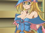 1girl bare_shoulders blonde_hair blush blush_stickers breasts cleavage dark_magician_girl female glamour_works green_eyes hat large_breasts long_hair no_bra solo wallpaper wizard_hat yu-gi-oh! yuu-gi-ou_duel_monsters 