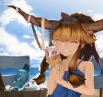  ^_^ alcohol alternate_costume alternate_hairstyle asahi_breweries bad_id bad_pixiv_id bangs bare_shoulders beer beer_can blue_sky blush bottle brown_hair bucket camisole can can_to_cheek closed_eyes cloud day facing_viewer grin hair_ornament hair_ribbon holding holding_can horizon horn_ribbon horns ibuki_suika ice kinketsu long_hair ocean outdoors ponytail product_placement ramune ribbon sidelocks sky sleeveless smile solo spaghetti_strap sunlight sweat touhou upper_body 