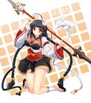  ankle_wrap ara_han black_hair black_skirt braid brown_eyes cat_and_rabbit corset creature elsword eun_(elsword) full_body hair_ornament hairpin heterochromia kneeling little_specter_(elsword) long_hair polearm red_eyes sandals skirt smile solo spear toeless_legwear twin_braids very_long_hair weapon 