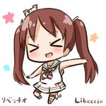  &gt;_&lt; alternate_skin_color brown_hair chibi closed_eyes commentary_request dress hana_kazari kantai_collection libeccio_(kantai_collection) sailor_dress simple_background smile solo twintails 