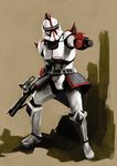  1boy ab armor clone_trooper gelgoog gun gundam highres male_focus mobile_suit_gundam parody simple_background soldier solo star_wars weapon 