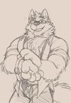  anthro biceps big_muscles canine chest_tuft clothed clothing eyewear fluffy fur glasses half-dressed male mammal muscles takemoto_arashi tuft wolf 