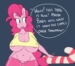 2015 anthro areola big_breasts blue_eyes breasts chubby clothed clothing earth_pony english_text equine erect_nipples fan_character female hair horse mammal my_little_pony navel nipples pink_hair pinkie_pie_(somescrub) pony smile somescrub text tongue 