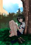  barefoot black_hair blue_eyes book cloud cup day disposable_cup grass hair_ornament hairclip highres legs loafers okenokoneko original pleated_skirt school_uniform shoes shoes_removed short_hair short_sleeves sitting skirt sky socks_removed solo toes tree 
