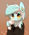  2015 anthro anthrofied beverage blush clothing coffee cup equine female food friendship_is_magic green_hair hair horse joycall3 lyra_heartstrings_(mlp) mammal my_little_pony piercing pony portrait solo steam yellow_eyes 