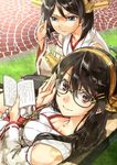  abo_(hechouchou) bespectacled black_hair book borrowed_garments detached_sleeves glasses hairband haruna_(kantai_collection) japanese_clothes kantai_collection kirishima_(kantai_collection) long_hair multiple_girls no_eyewear nontraditional_miko sett short_hair smile 