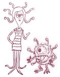  beholder celia disney dungeons_&amp;_dragons duo fangs female looking_at_viewer male mike_wazowski monochrome monster monster_girl monsters_inc pixar tentacles 