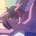  2014 blanket equine female feral friendship_is_magic hair horn katputze lying mammal multicolored_hair my_little_pony pillow sleepy solo twilight_sparkle_(mlp) winged_unicorn wings 