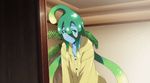  1girl animated animated_gif blue_skin goo_girl green_eyes green_hair monster_girl monster_musume_no_iru_nichijou raincoat slime_girl suu_(monster_musume) wink 