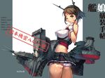  absurdres ass bare_shoulders breasts brown_hair cannon gloves green_eyes hairband headband headgear highres hino_katsuhiko kantai_collection large_breasts looking_at_viewer machinery mecha_musume military miniskirt mutsu_(kantai_collection) panties short_hair skirt solo turret underwear white_panties 