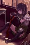  broken_glass broken_window ebisuzawa_kurumi fingerless_gloves gakkou_gurashi! glass gloves highres knee_pads long_hair purple_eyes purple_hair school_uniform shovel sitting skirt smile solo thighhighs twintails virgosdf 