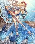  bikini blonde_hair blue_eyes breasts company_name dolphin eikou_no_guardian_battle flower hair_flower hair_ornament highres lance large_breasts long_hair madogawa official_art polearm ringlets smile solo swimsuit water weapon 