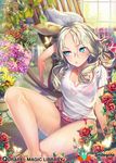  aqua_eyes arm_support arm_up bad_id bad_pixiv_id bangs bare_legs barefoot blonde_hair blue_eyes bra bromeliad bug butterfly chair company_name copyright_name crossed_legs cushion daisy flower flower_pot front-tie_top glint gravel hydrangea indoors insect lips long_hair on_floor panties parted_bangs plant potted_plant pursed_lips qurare_magic_library red_bra red_flower red_panties red_rose rocking_chair rose see-through shirt sitting solo sunlight t-shirt underwear watering_can watermark white_shirt window xxinainaxx 