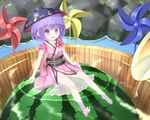  :d barefoot blush bowl bowl_hat bucket feet food fruit gplnbeat hat highres in_bucket in_container japanese_clothes kimono legs minigirl obi open_mouth partially_submerged pinwheel purple_eyes purple_hair sash see-through short_hair sitting sleeves_rolled_up smile solo sukuna_shinmyoumaru toes touhou watermelon 