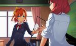  blazer blue_eyes blue_skirt blush bow bowtie buttons chalkboard classroom collared_shirt commentary_request curtains grand_piano hair_between_eyes hair_bow highres holding holding_paper indoors instrument jacket kousaka_honoka long_sleeves love_live! love_live!_school_idol_project multiple_girls neko7 nishikino_maki one_side_up orange_hair otonokizaka_school_uniform outstretched_hand paper piano plaid plaid_skirt purple_eyes red_bow red_hair red_neckwear school_uniform shirt short_hair skirt sleeves_rolled_up smile striped striped_bow striped_neckwear white_shirt window yellow_bow 